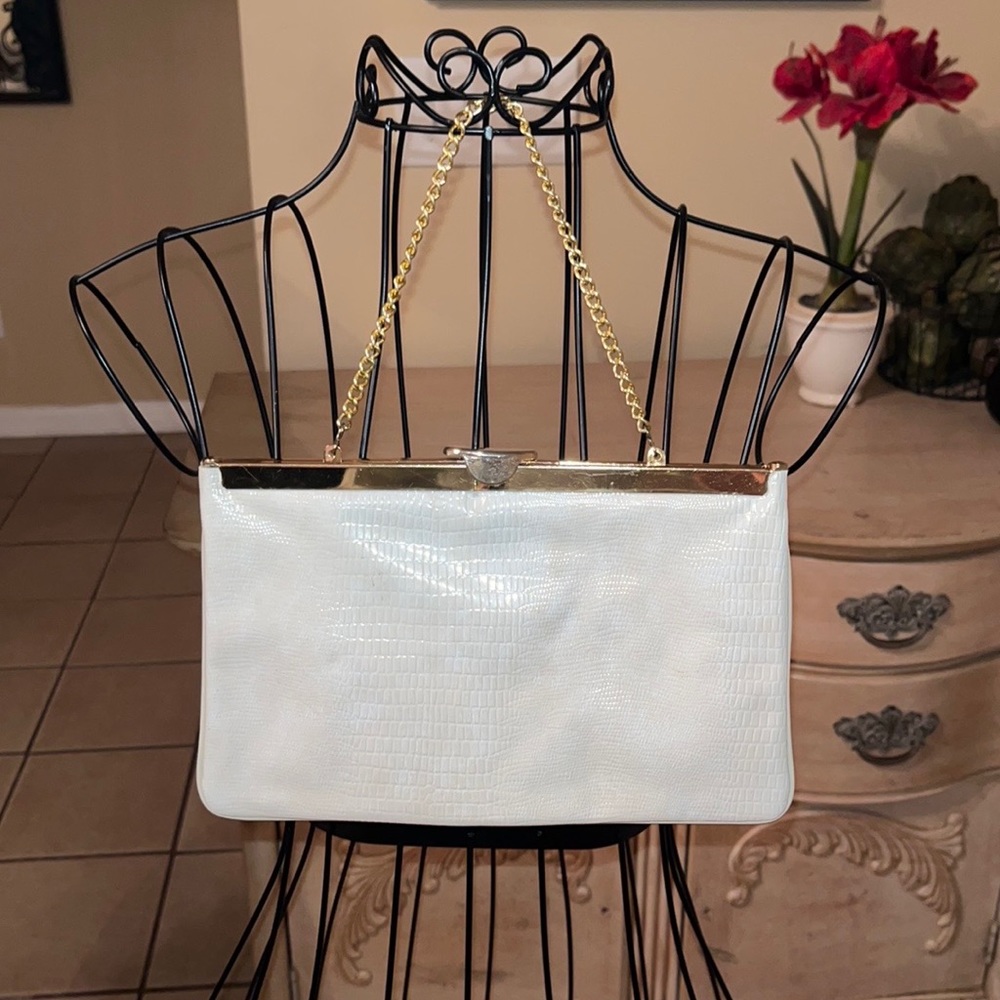 Vintage White Alligator Leather 1950’s Clutch Handbag Purse Formal